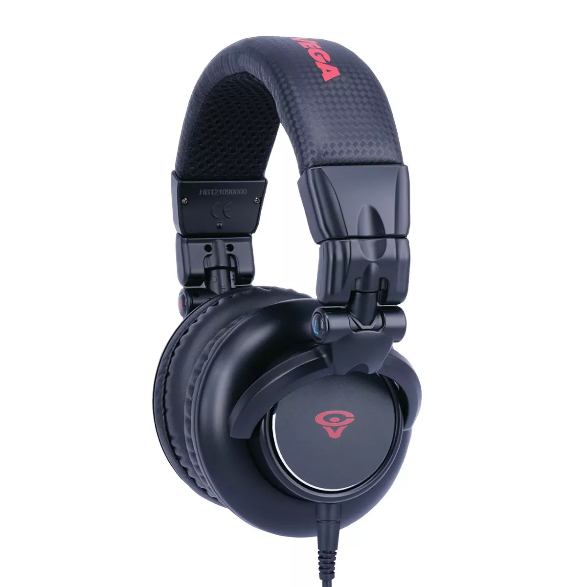 The Professional Wired Headphones - HB1 are black over-ear headphones featuring a textured headband, red logo on ear cups, padded adjustable headband, and a wired connector for legendary bass. Their sleek design with comfortable padded ear cups makes them ideal for professional audio use.
